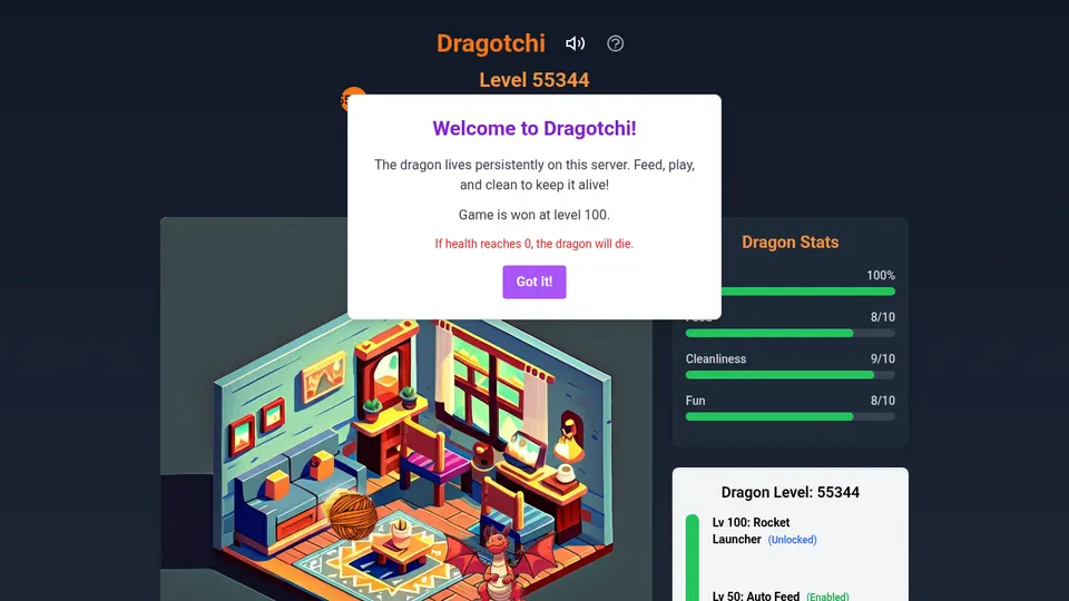 Dragotchi gameplay screenshot, a free simulation browser game made with AI