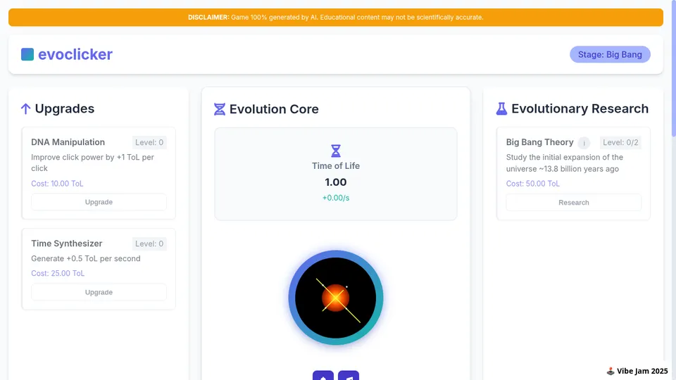 EvoClicker gameplay screenshot, a free idle browser game made with AI