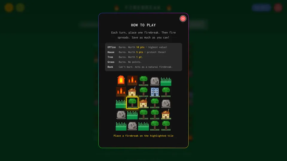 Firebreak gameplay screenshot, a free puzzle browser game made with AI