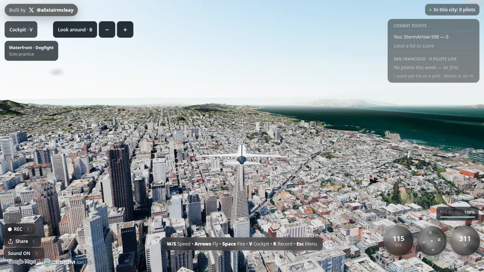 Flyover gameplay screenshot, a free action browser game made with AI