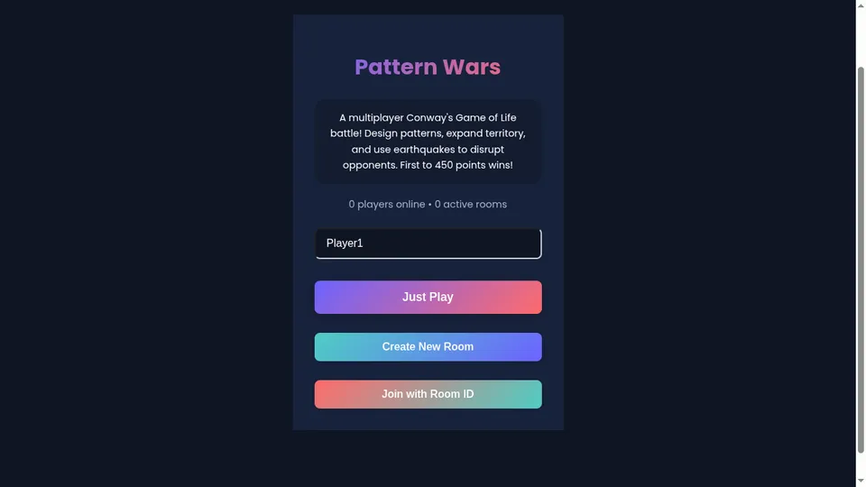 Pattern Wars gameplay screenshot, a free strategy browser game made with AI