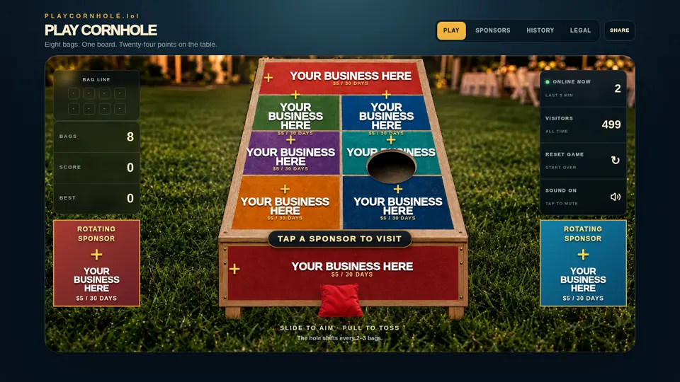 Play Cornhole gameplay screenshot, a free action browser game made with AI