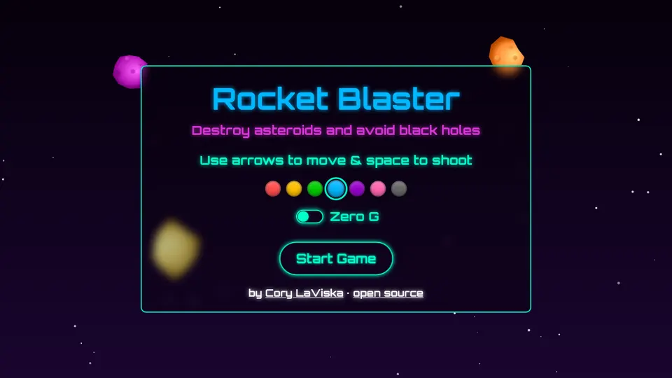 Rocket Blaster gameplay screenshot, a free arcade browser game made with AI