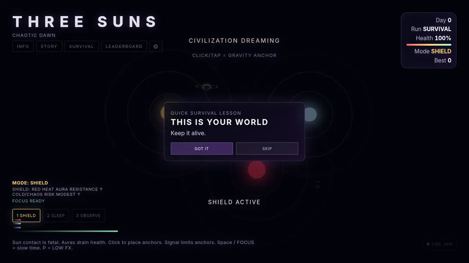 Three Suns gameplay screenshot, a free action browser game made with AI