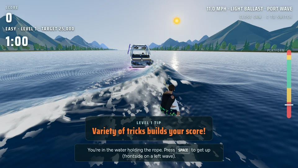 Wakesurfer: Get Gnarly! gameplay screenshot, a free sports browser game made with AI